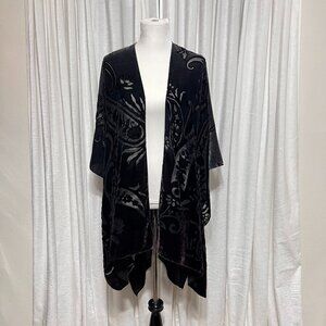 Do Everything In Love Velvet Kimono Wrap Black Iridescent Sheer Floral Motif
